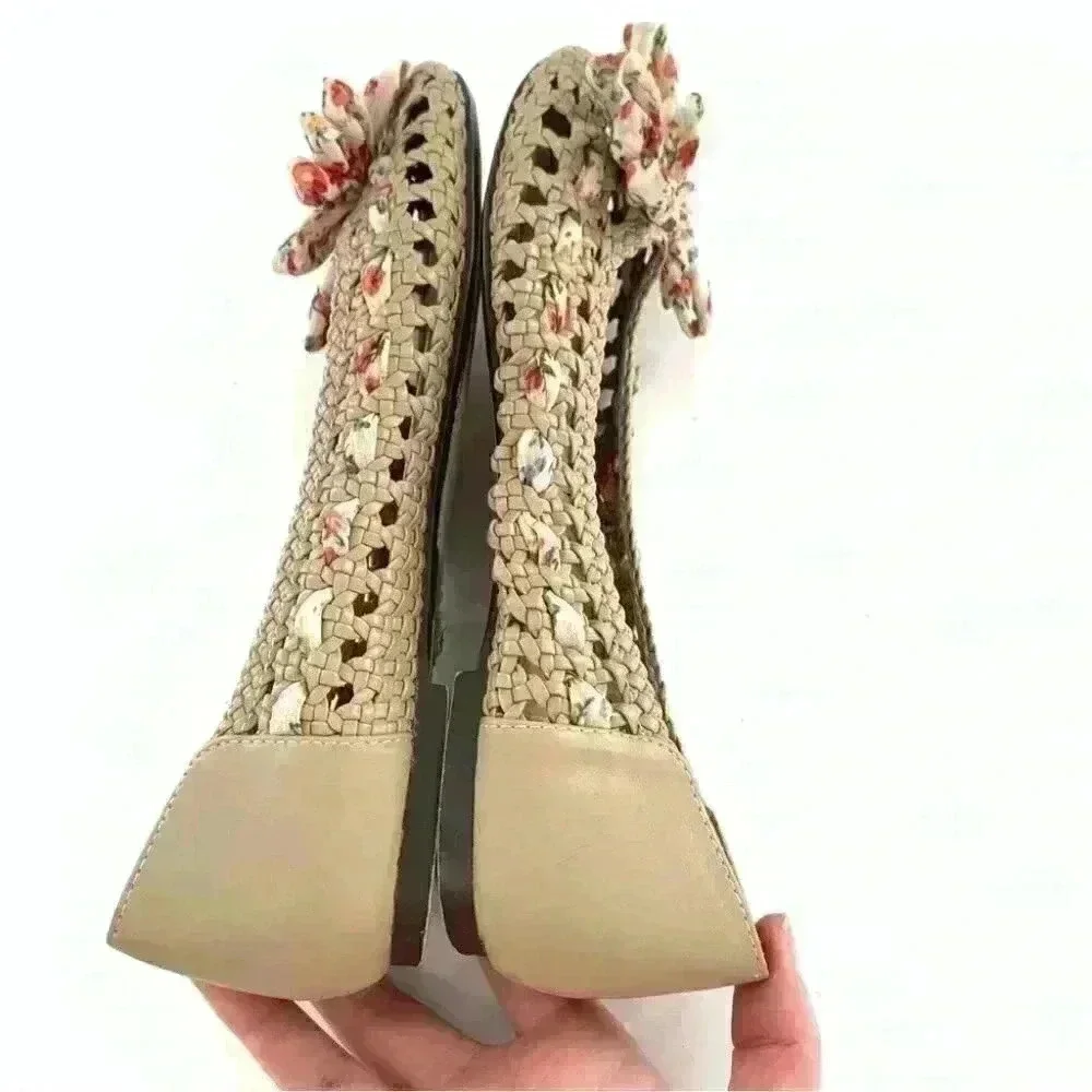Restricted womens flats size 6 taupe leather floral scarf bow ballet granny core